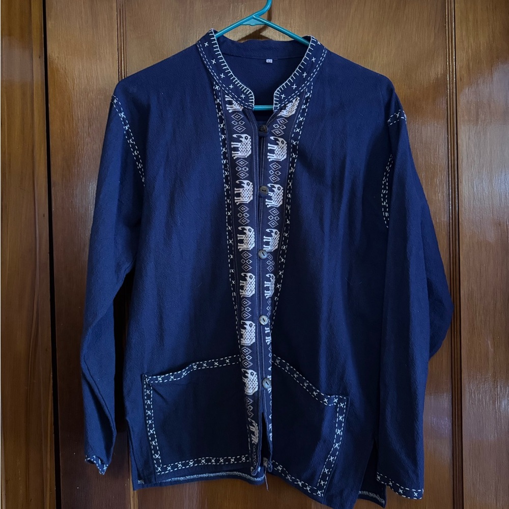 Indigo dyed Thai work shirt with elephant pattern